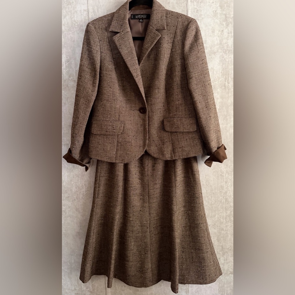 Kasper Petite Women 2Pc Business Brown Tweed Jacket Tulip Skirt Suit Sz 8P